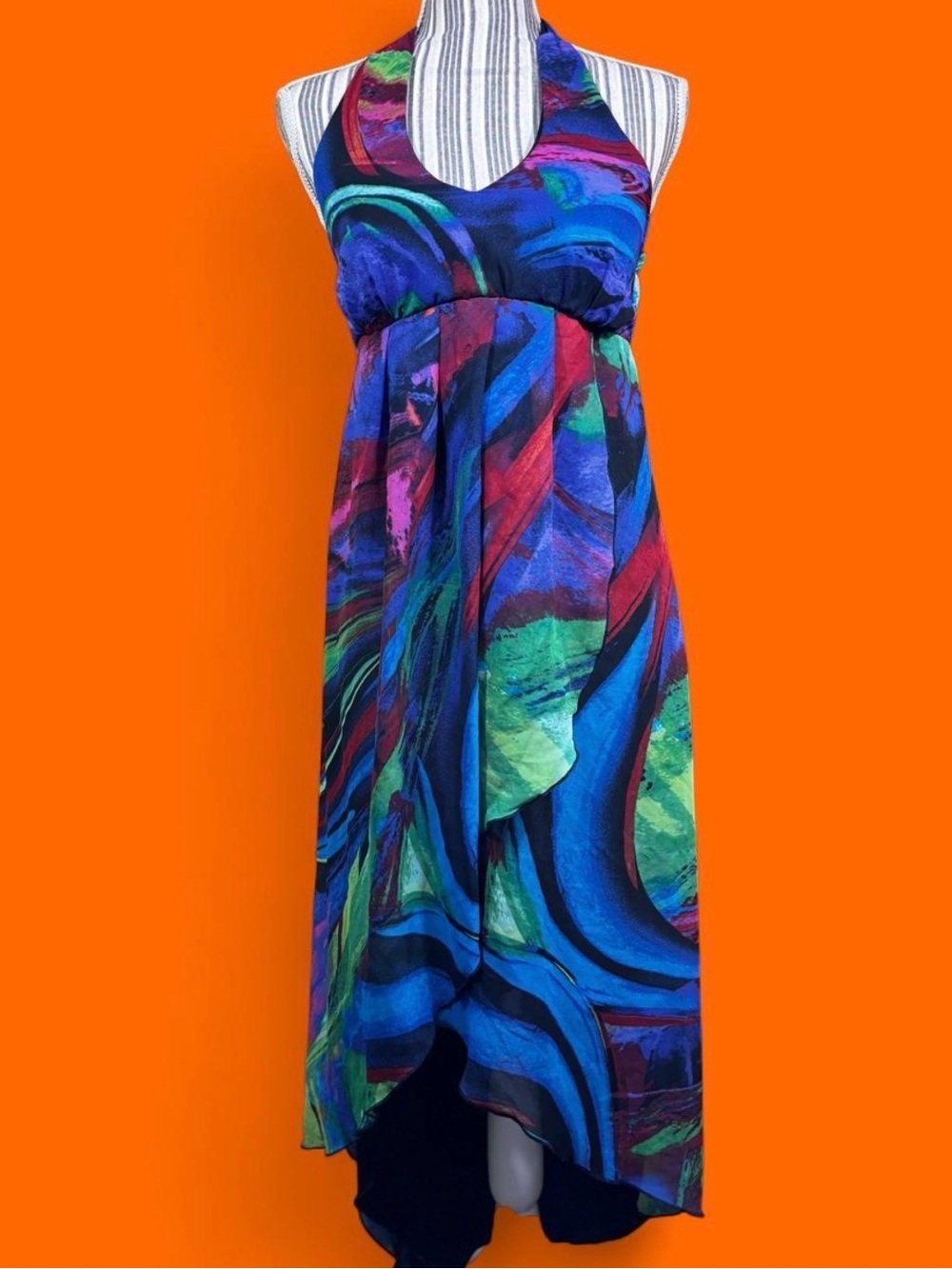 Beautiful colorful abstract flowy halter dress